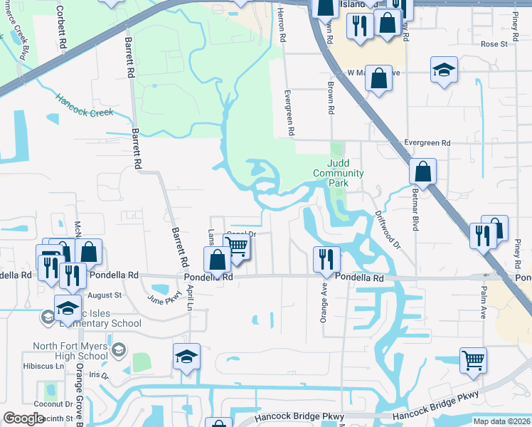 map of restaurants, bars, coffee shops, grocery stores, and more near 646 Canal Drive in North Fort Myers