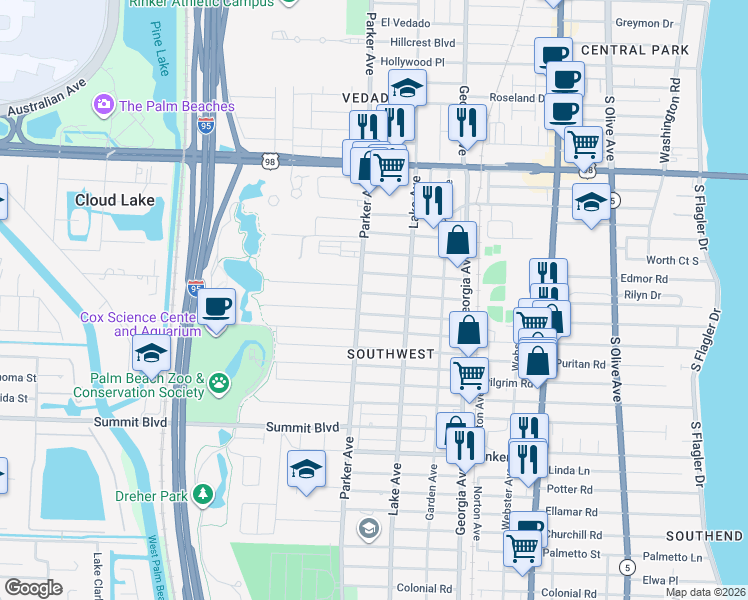 map of restaurants, bars, coffee shops, grocery stores, and more near 844 Bradley Street in West Palm Beach