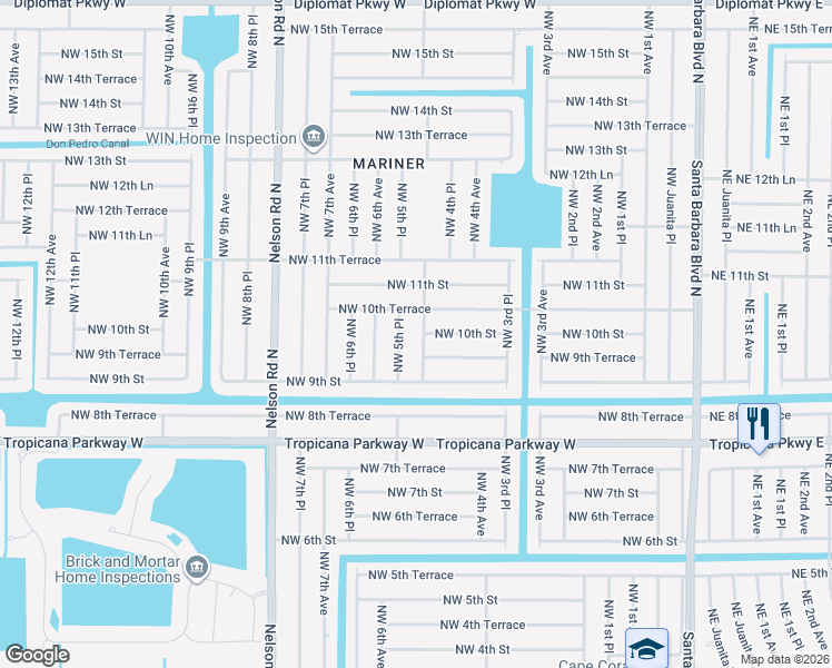 map of restaurants, bars, coffee shops, grocery stores, and more near 923 Northwest 5th Place in Cape Coral