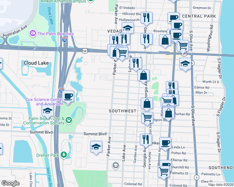 map of restaurants, bars, coffee shops, grocery stores, and more near 844 Bradley Street in West Palm Beach