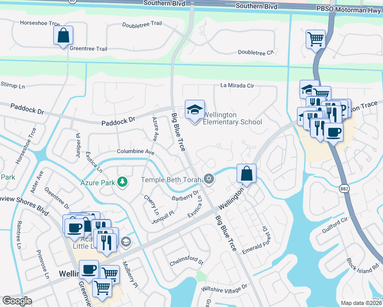 map of restaurants, bars, coffee shops, grocery stores, and more near 13415 Kingsbury Drive in Wellington