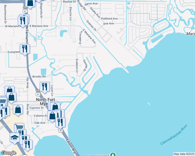 map of restaurants, bars, coffee shops, grocery stores, and more near 407 East North Shore Drive in North Fort Myers