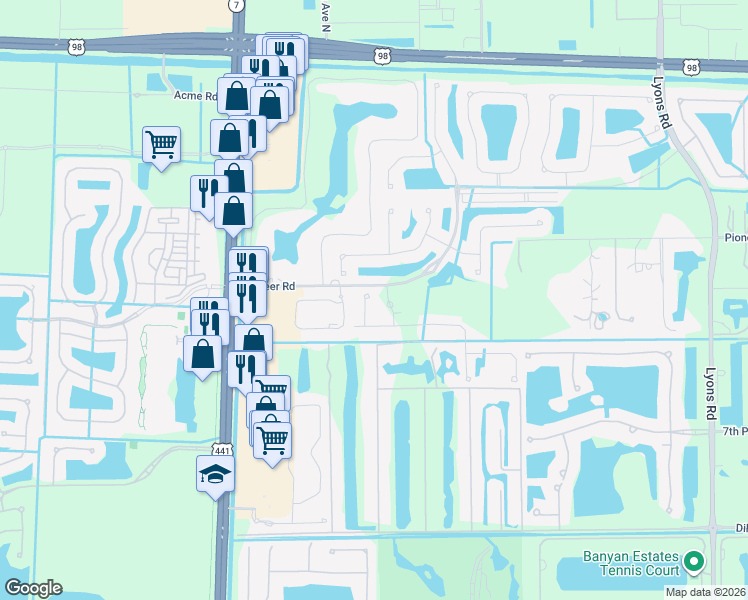 map of restaurants, bars, coffee shops, grocery stores, and more near 9080 Winterhaven Circle in Royal Palm Beach