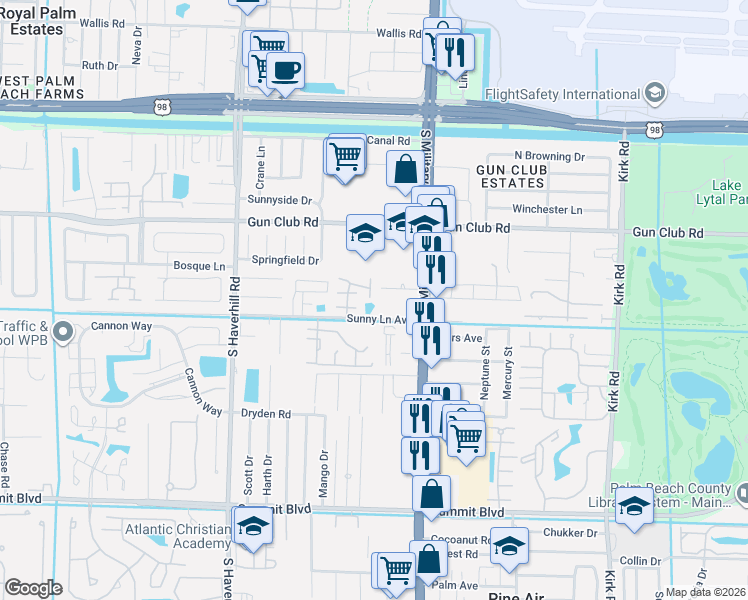 map of restaurants, bars, coffee shops, grocery stores, and more near 4638 Perth Road in West Palm Beach