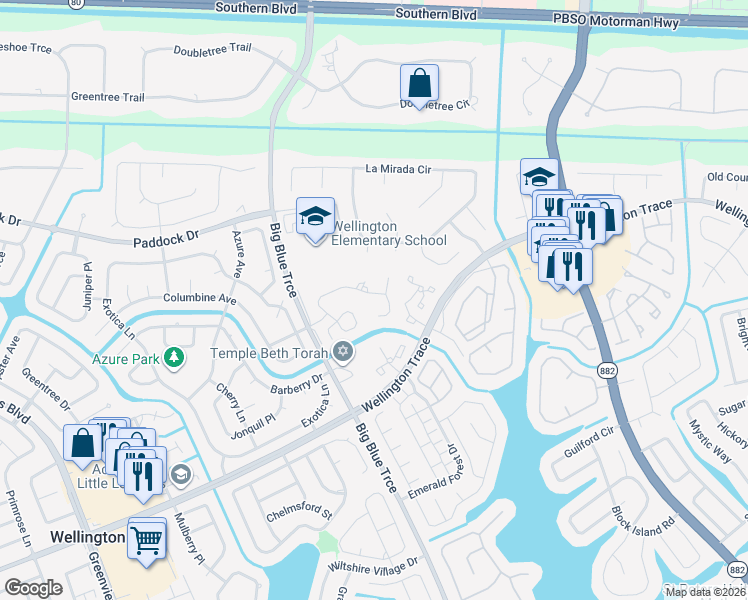 map of restaurants, bars, coffee shops, grocery stores, and more near 13360 Kingsbury Drive in Wellington