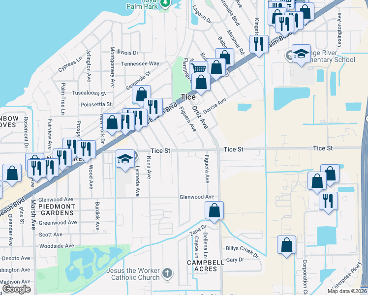 map of restaurants, bars, coffee shops, grocery stores, and more near 477 Carolina Avenue in Fort Myers