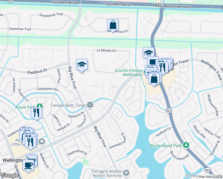 map of restaurants, bars, coffee shops, grocery stores, and more near 27 Pine Shadow Way in Wellington