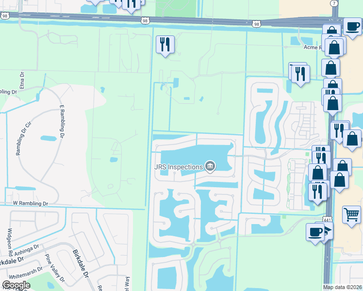 map of restaurants, bars, coffee shops, grocery stores, and more near 185 Berenger Walk in Royal Palm Beach
