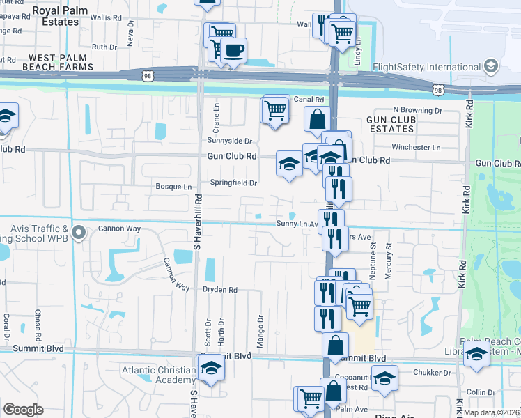 map of restaurants, bars, coffee shops, grocery stores, and more near 4782 Sunny Palm Circle in West Palm Beach
