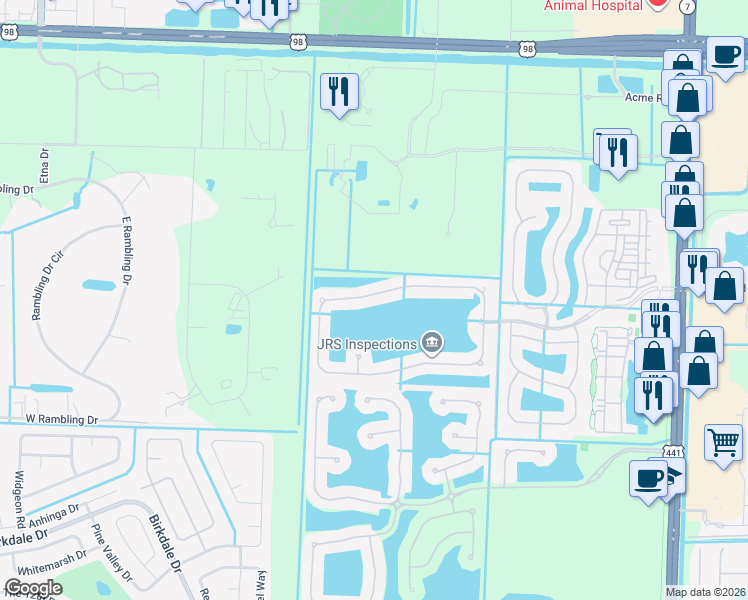map of restaurants, bars, coffee shops, grocery stores, and more near 158 Berenger Walk in Royal Palm Beach