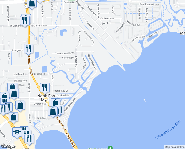 map of restaurants, bars, coffee shops, grocery stores, and more near 400 East North Shore Drive in North Fort Myers