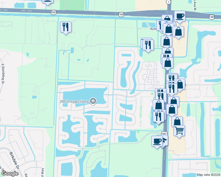 map of restaurants, bars, coffee shops, grocery stores, and more near 121 Berenger Walk in Royal Palm Beach