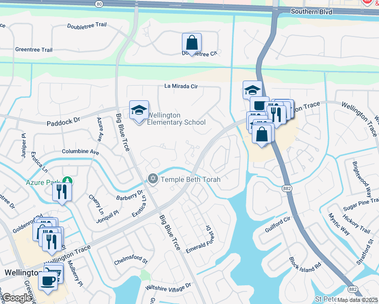 map of restaurants, bars, coffee shops, grocery stores, and more near 27 Pine Shadow Way in Wellington