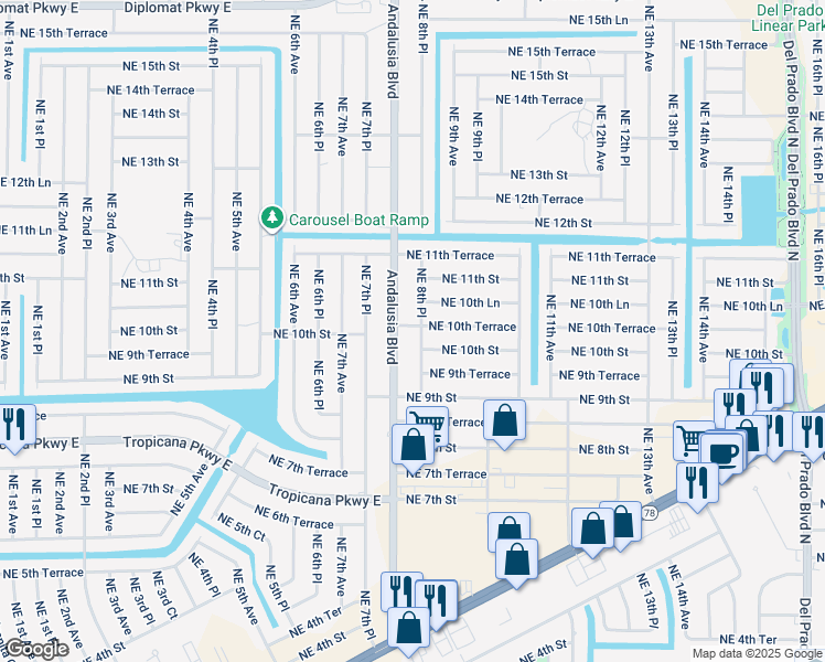 map of restaurants, bars, coffee shops, grocery stores, and more near 1019 Andalusia Boulevard in Cape Coral