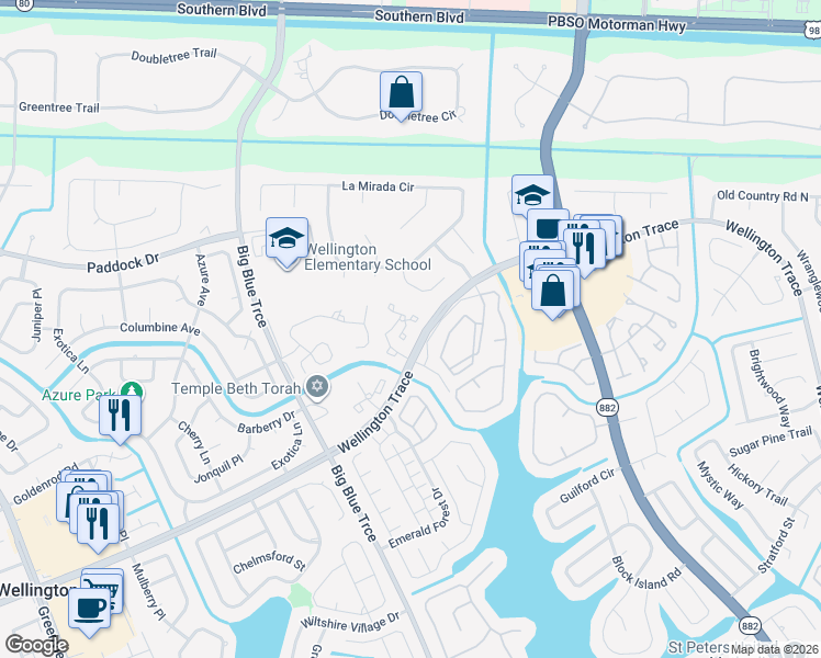 map of restaurants, bars, coffee shops, grocery stores, and more near 12949 Pennypacker Trail in Wellington