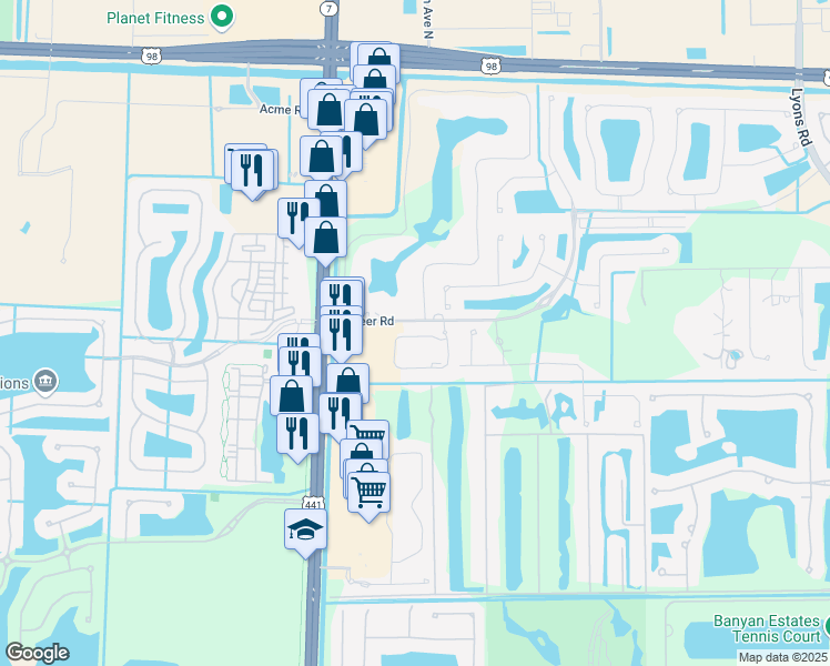 map of restaurants, bars, coffee shops, grocery stores, and more near 1350 Pioneer Way in Royal Palm Beach