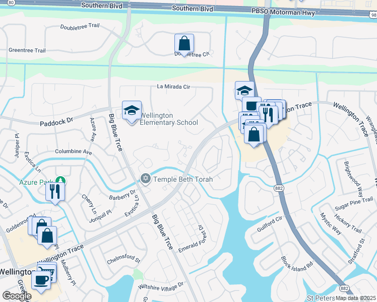 map of restaurants, bars, coffee shops, grocery stores, and more near 12999 Odessa Trail in Wellington
