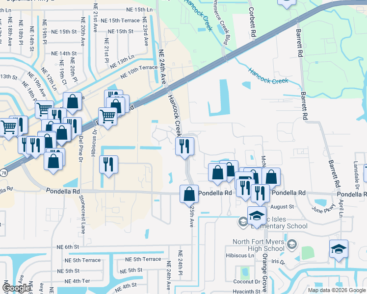 map of restaurants, bars, coffee shops, grocery stores, and more near 1085 Hancock Creek South Boulevard in Cape Coral