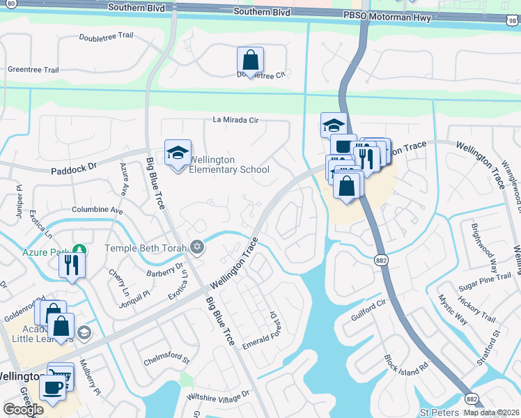 map of restaurants, bars, coffee shops, grocery stores, and more near 12999 Odessa Trail in Wellington