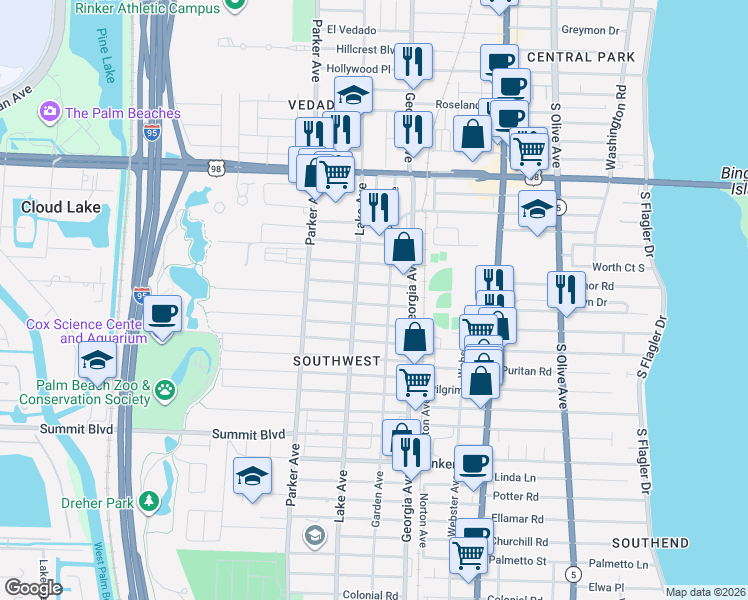 map of restaurants, bars, coffee shops, grocery stores, and more near 715 Bradley Street in West Palm Beach