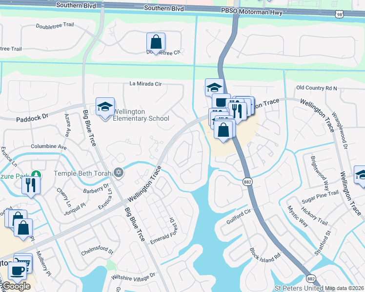 map of restaurants, bars, coffee shops, grocery stores, and more near 711 Forest Club Drive in Wellington