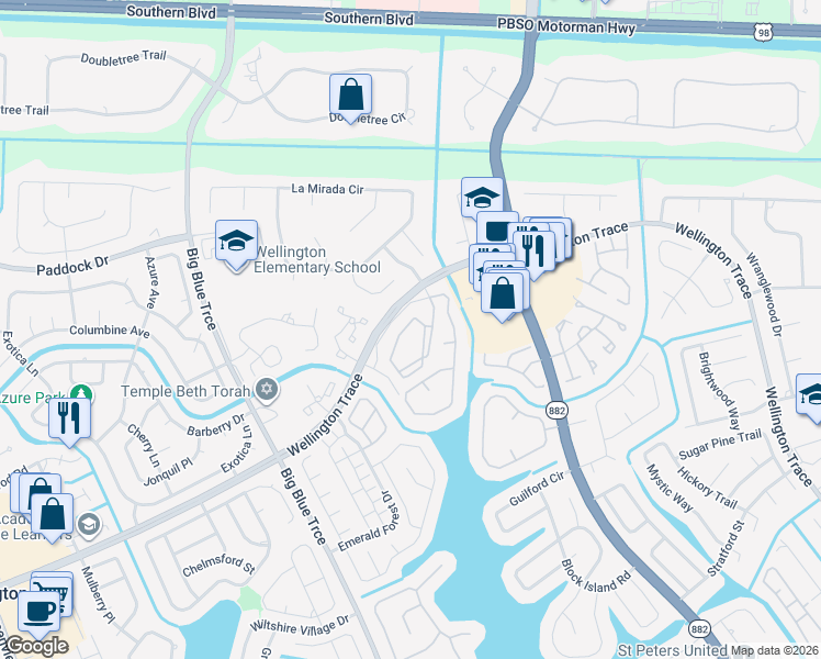 map of restaurants, bars, coffee shops, grocery stores, and more near 711 Forest Club Drive in Wellington