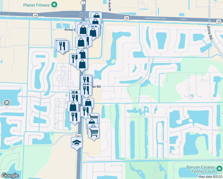 map of restaurants, bars, coffee shops, grocery stores, and more near 1350 Pioneer Way in Royal Palm Beach