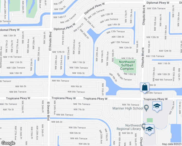 map of restaurants, bars, coffee shops, grocery stores, and more near 1003 Northwest 20th Place in Cape Coral