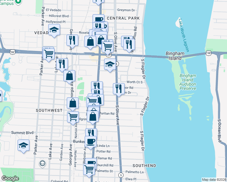 map of restaurants, bars, coffee shops, grocery stores, and more near 328 Edmor Road in West Palm Beach