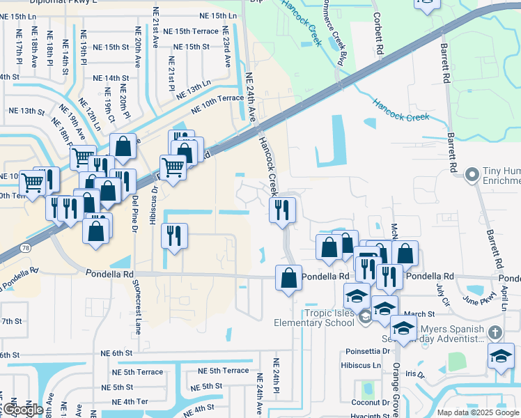 map of restaurants, bars, coffee shops, grocery stores, and more near 1166 Hancock Creek South Boulevard in Cape Coral