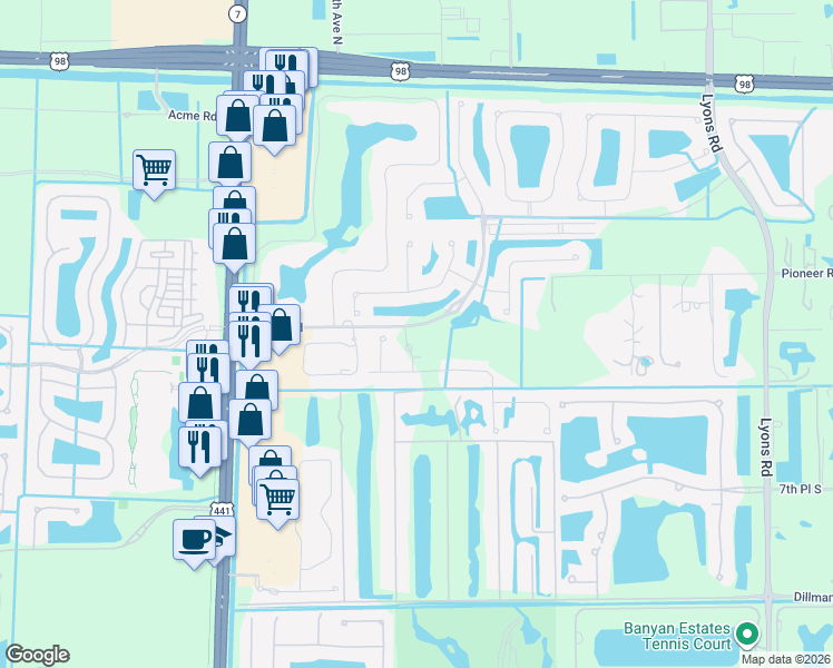 map of restaurants, bars, coffee shops, grocery stores, and more near 9080 Winterhaven Circle in Royal Palm Beach