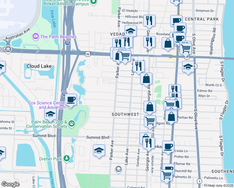 map of restaurants, bars, coffee shops, grocery stores, and more near 4620 Parker Avenue in West Palm Beach