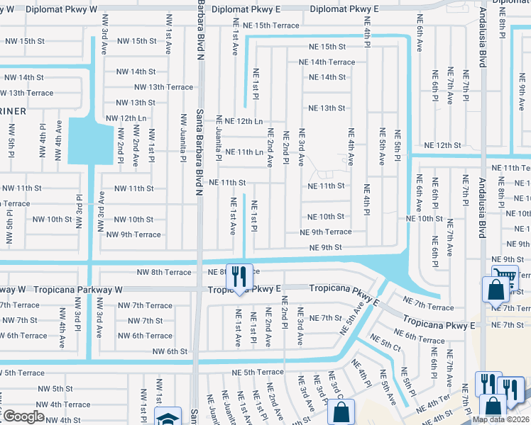 map of restaurants, bars, coffee shops, grocery stores, and more near 1014 Northeast 2nd Avenue in Cape Coral