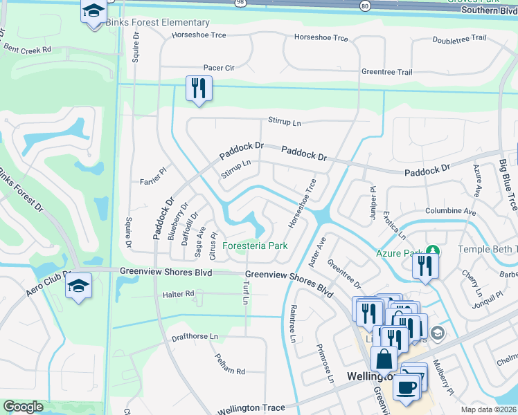 map of restaurants, bars, coffee shops, grocery stores, and more near 14470 Larkspur Lane in Wellington