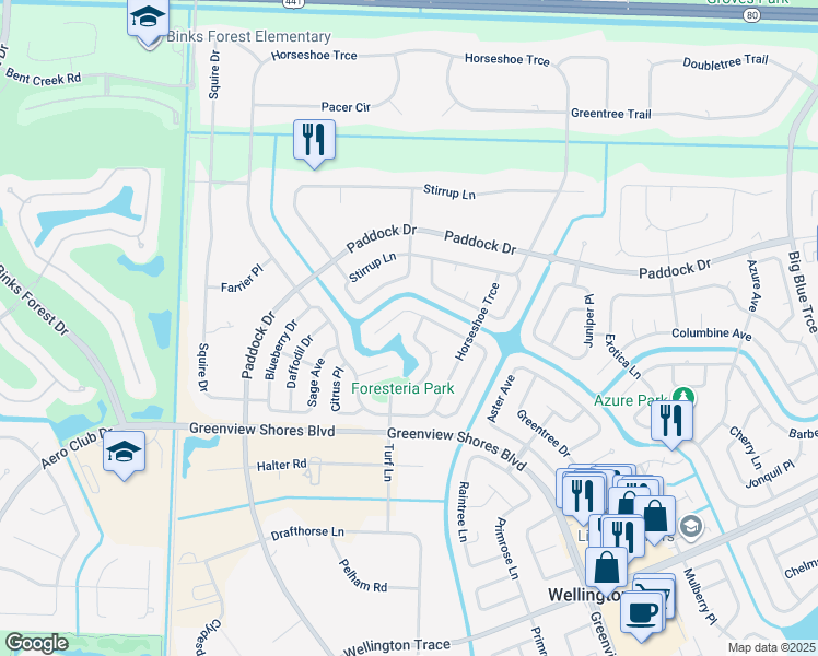 map of restaurants, bars, coffee shops, grocery stores, and more near 14470 Larkspur Lane in Wellington