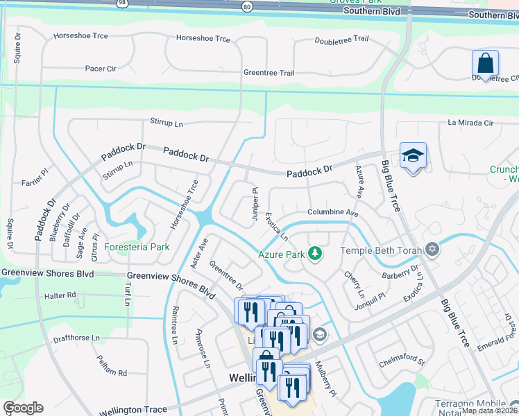 map of restaurants, bars, coffee shops, grocery stores, and more near 560 Juniper Place in Wellington