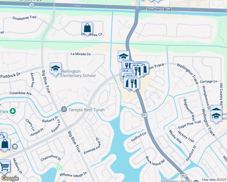 map of restaurants, bars, coffee shops, grocery stores, and more near 661 Lake Wellington Drive in Wellington