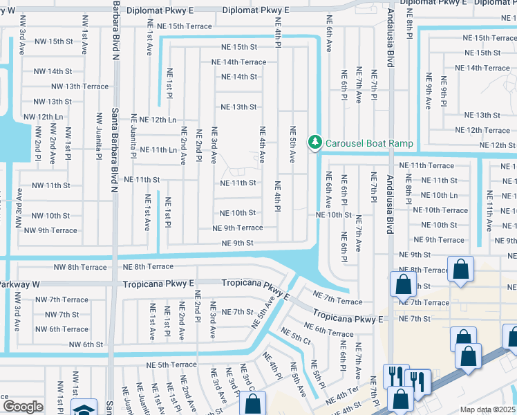 map of restaurants, bars, coffee shops, grocery stores, and more near 334 Northeast 10th Terrace in Cape Coral