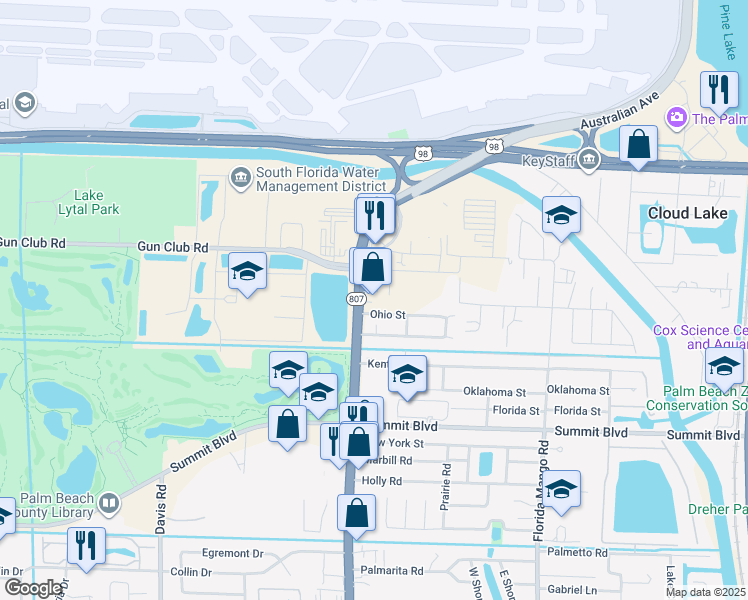 map of restaurants, bars, coffee shops, grocery stores, and more near 360 South Congress Avenue in West Palm Beach