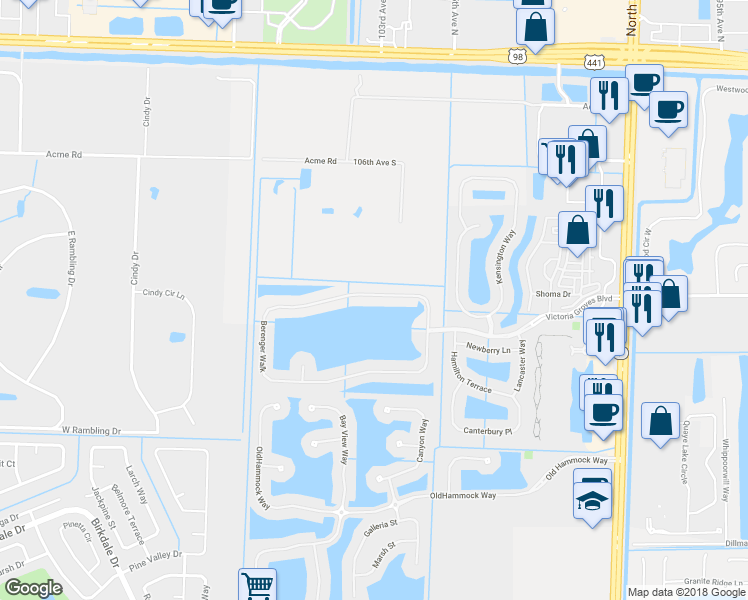 map of restaurants, bars, coffee shops, grocery stores, and more near 124 Berenger Walk in Royal Palm Beach
