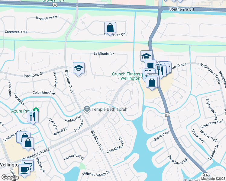 map of restaurants, bars, coffee shops, grocery stores, and more near 12999 Odessa Trail in Wellington