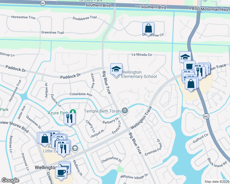 map of restaurants, bars, coffee shops, grocery stores, and more near 13415 Kingsbury Drive in Wellington