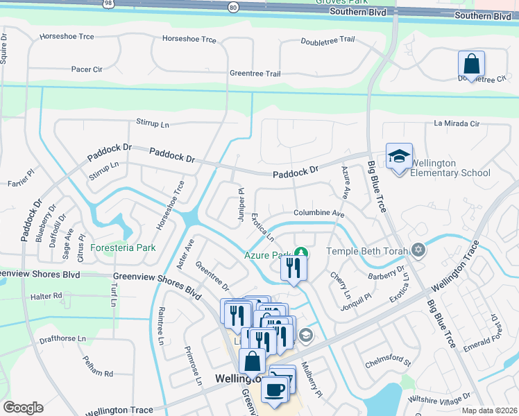 map of restaurants, bars, coffee shops, grocery stores, and more near 13720 Exotica Lane in Wellington