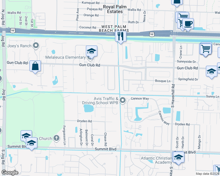 map of restaurants, bars, coffee shops, grocery stores, and more near 446 West Shadyside Circle in West Palm Beach