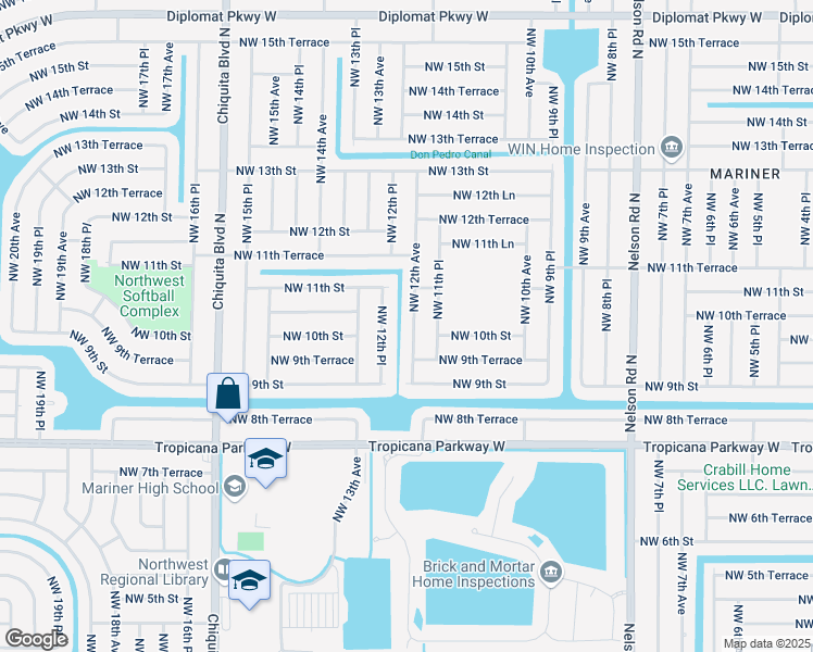 map of restaurants, bars, coffee shops, grocery stores, and more near 1011 Northwest 12th Avenue in Cape Coral