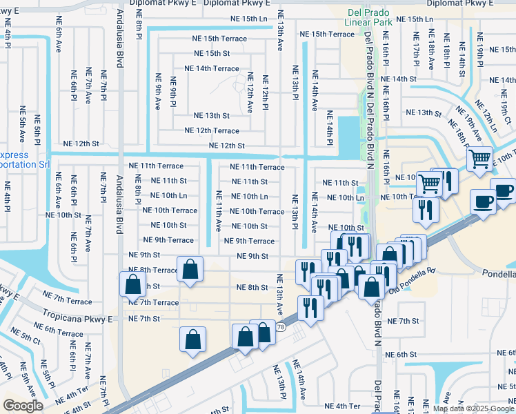 map of restaurants, bars, coffee shops, grocery stores, and more near 1216 Northeast 10th Lane in Cape Coral