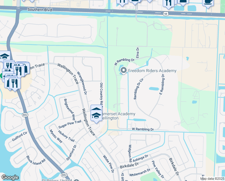 map of restaurants, bars, coffee shops, grocery stores, and more near 642 South Rambling Drive in Wellington