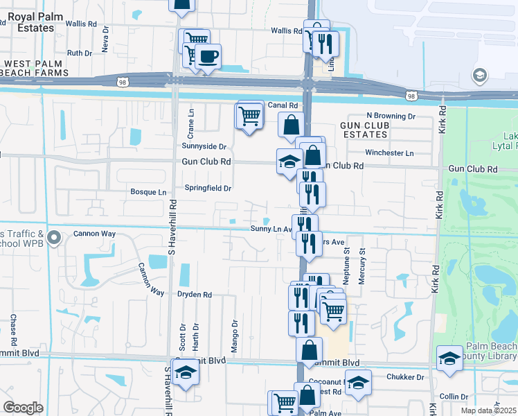 map of restaurants, bars, coffee shops, grocery stores, and more near 231 Perth Road in West Palm Beach