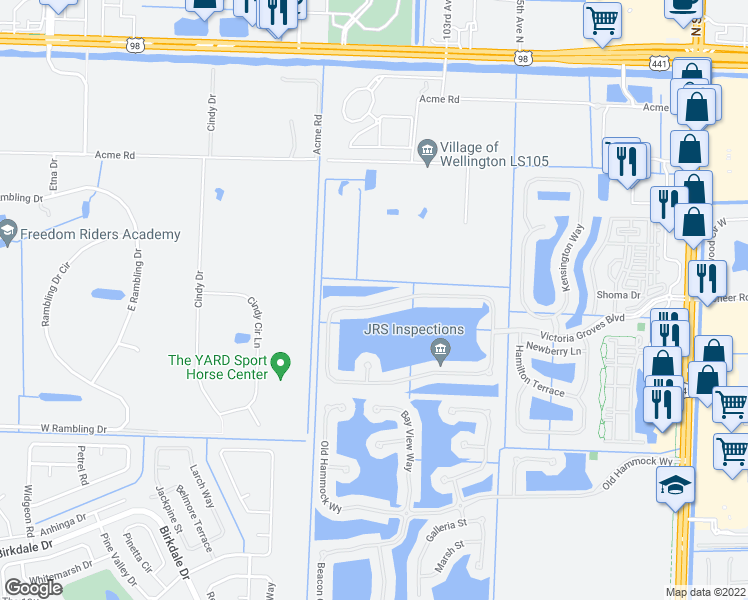 map of restaurants, bars, coffee shops, grocery stores, and more near 197 Berenger Walk in Royal Palm Beach