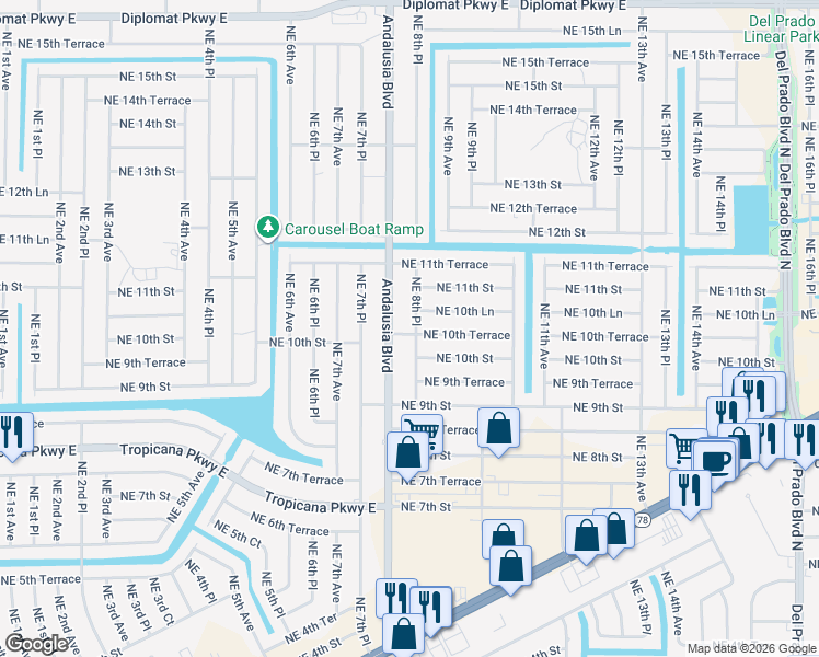 map of restaurants, bars, coffee shops, grocery stores, and more near 1019 Andalusia Boulevard in Cape Coral